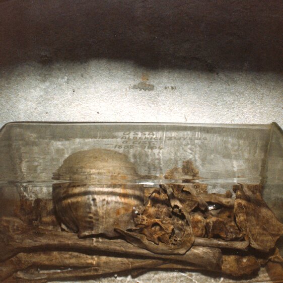 Un bien lugubre souvenir: sarcophage de verre renfermant les ossements d’Alberik Zwyssig.