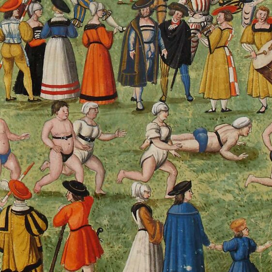 Frauen und Männer an einem Wettrennen am Augsburger Schützenfest von 1509, Illustration im «Kriegsbuch u. a. Über Schützen- und Turnierwesen», um 1570.