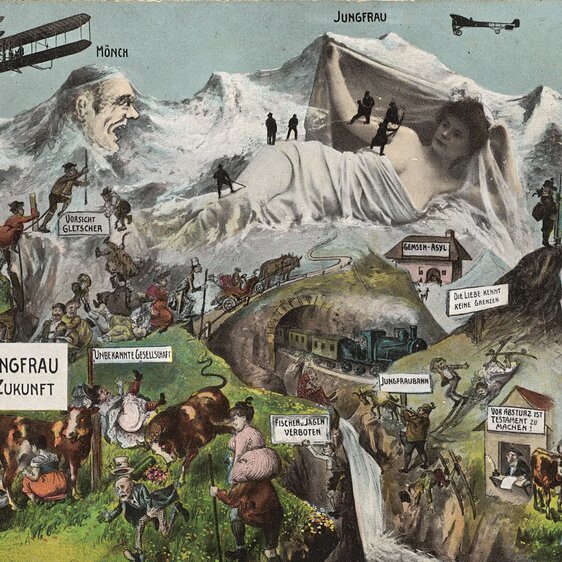 Eine satirische Postkarte um 1910 zeigt die touristisch überflutete Jungfrau der Zukunft: Züge, Flugzeuge und Massen von Besuchenden erobern die Bergwelt.