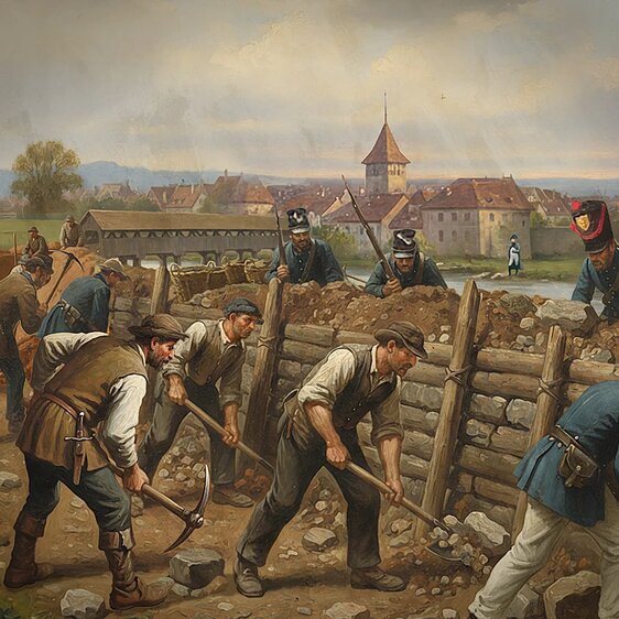 In Aarberg wurde noch gearbeitet, als Napoleon längst geschlagen und die Gefahr eines französischen Angriffs gebannt war. Illustration von Marco Heer.