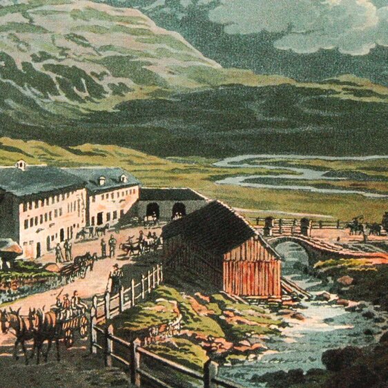 Die Pässe Splügen, San Bernardino, Septimer und Julier gehörten um 1700 zu den wichtigsten Alpenüberquerungen und waren damit von strategischer Bedeutung für die kriegsführenden Mächte. Hier abgebildet ist der Splügenpass um 1810.