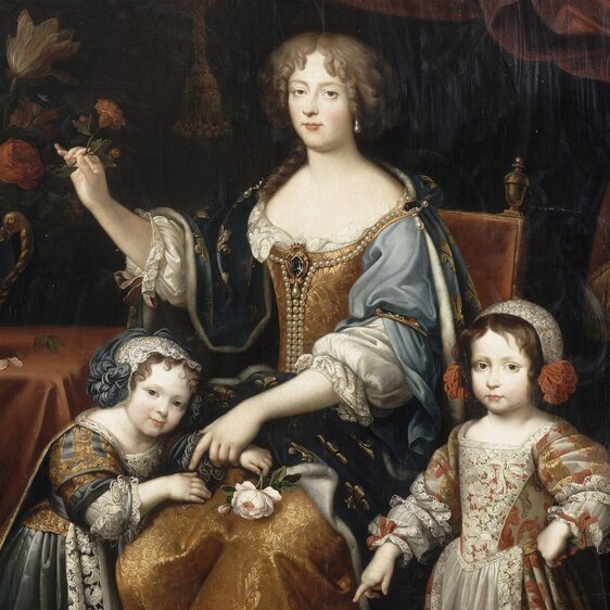 Liselotte von der Pfalz, in Frankreich bekannt als «Madame Palatine», in einem Gemälde von Jean-Gilbert Murat für Schoss Versailles nach dem Original von Pierre Mignard (Ausschnitt).