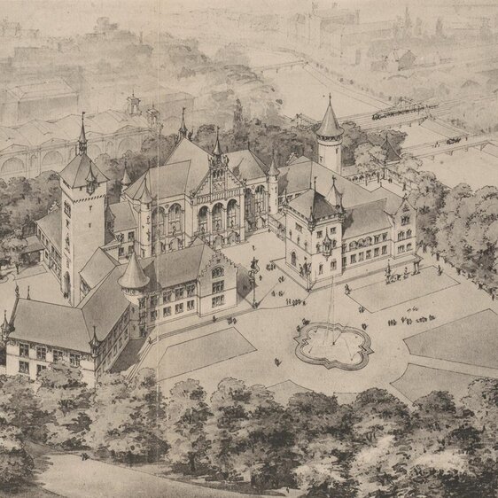 Le projet de Gustav Gull pour le Musée national suisse dans la candidature de Zurich au siège du musée en 1890.