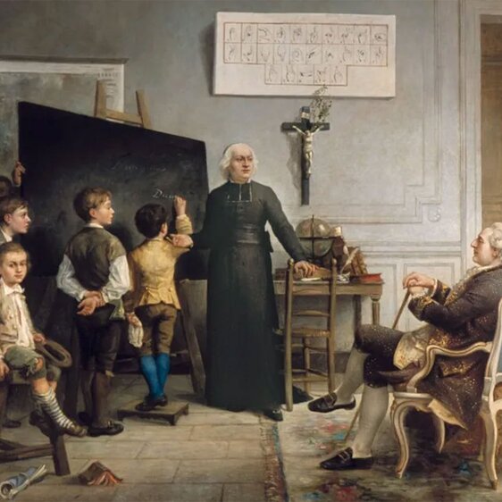 The French pioneer in deaf education, Abbé de l'Eppé, demonstrates the teaching of deaf children in front of the French King Louis XVI.