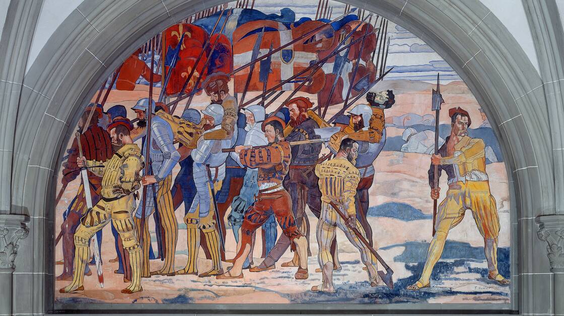 Wandgemälde in der Ruhmeshalle. Rückzug aus Marignano 1515. Ferdinand Hodler, 1900.