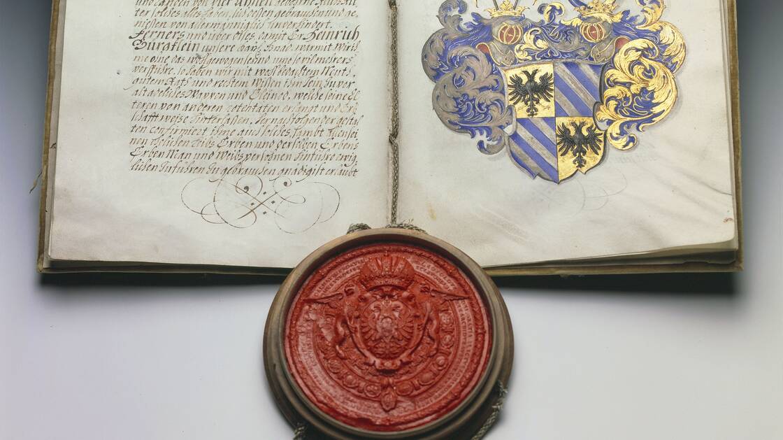 Wappenbrief für Generalfeldmarschall H. Bürkli. Mit kaiserl. Siegel. 11.12.1699.